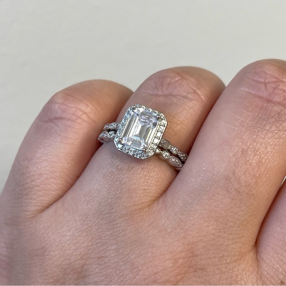 Emerald Cut Engagement Ring Set, Bridal Set, Sterling Silver with Sparkling CZ - Picture 3 of 10